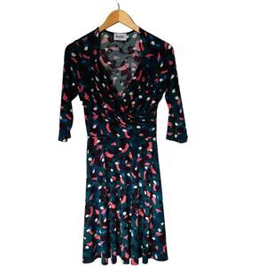 Leota Multicolored Print Surplice Neck Flare Dress Size S Small